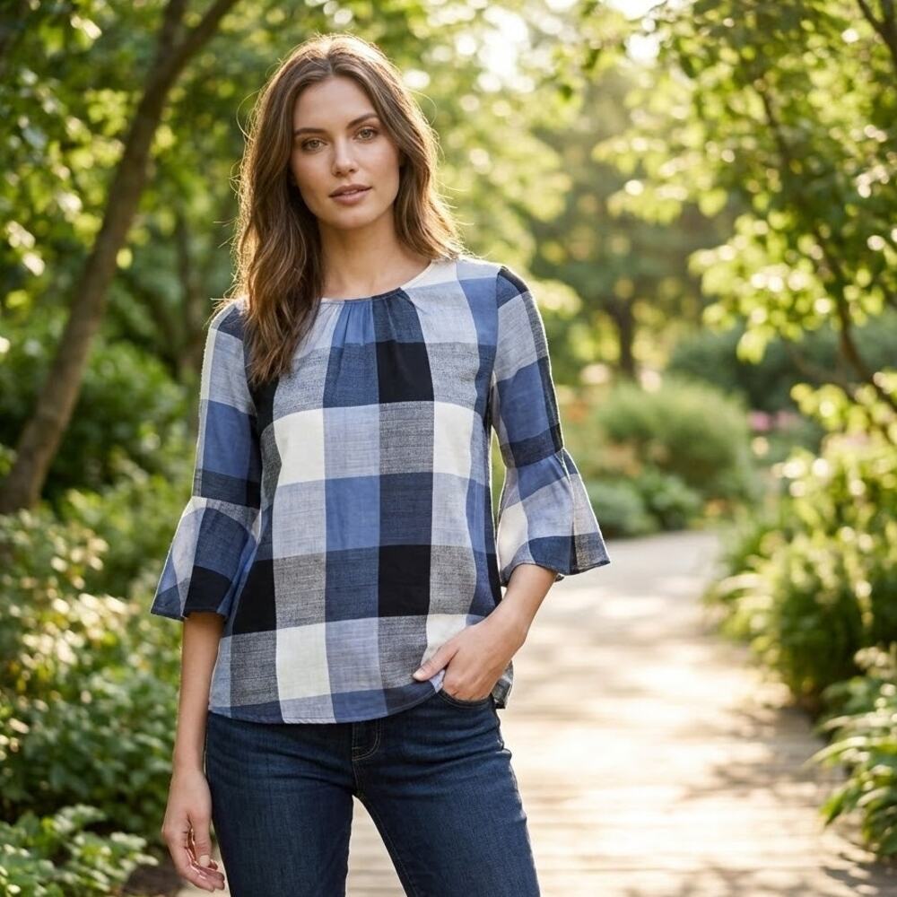 Ro De Top Blue Plaid Bow Back Blouse